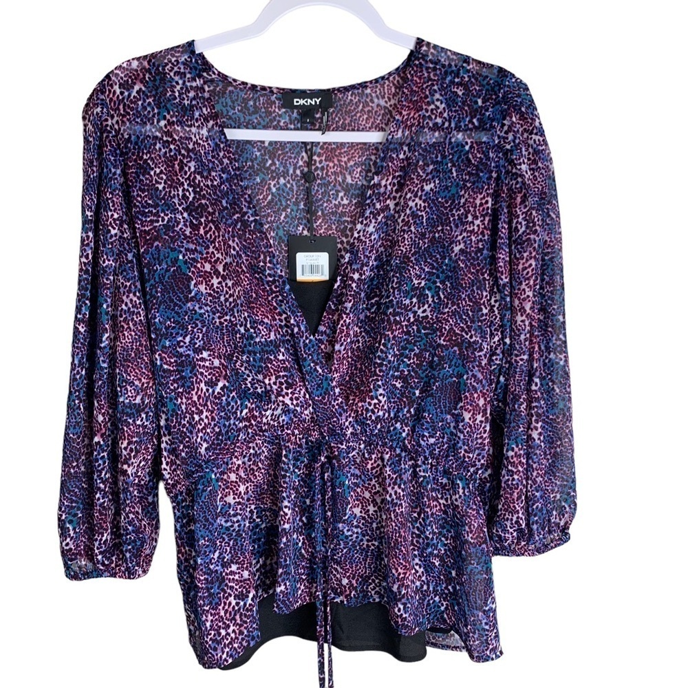 Dkny Leopard Print Tie Waist Drawstring Satin Blouse Safari Purple-Teal& Black